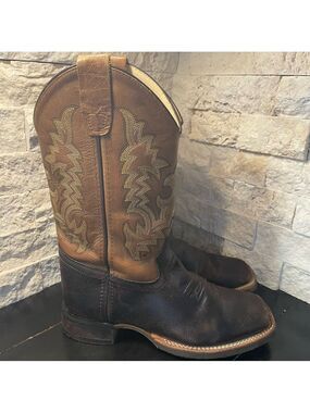 Old West Kids Square Toe Western Boot Brown / Olive Green Stitching Size 5D